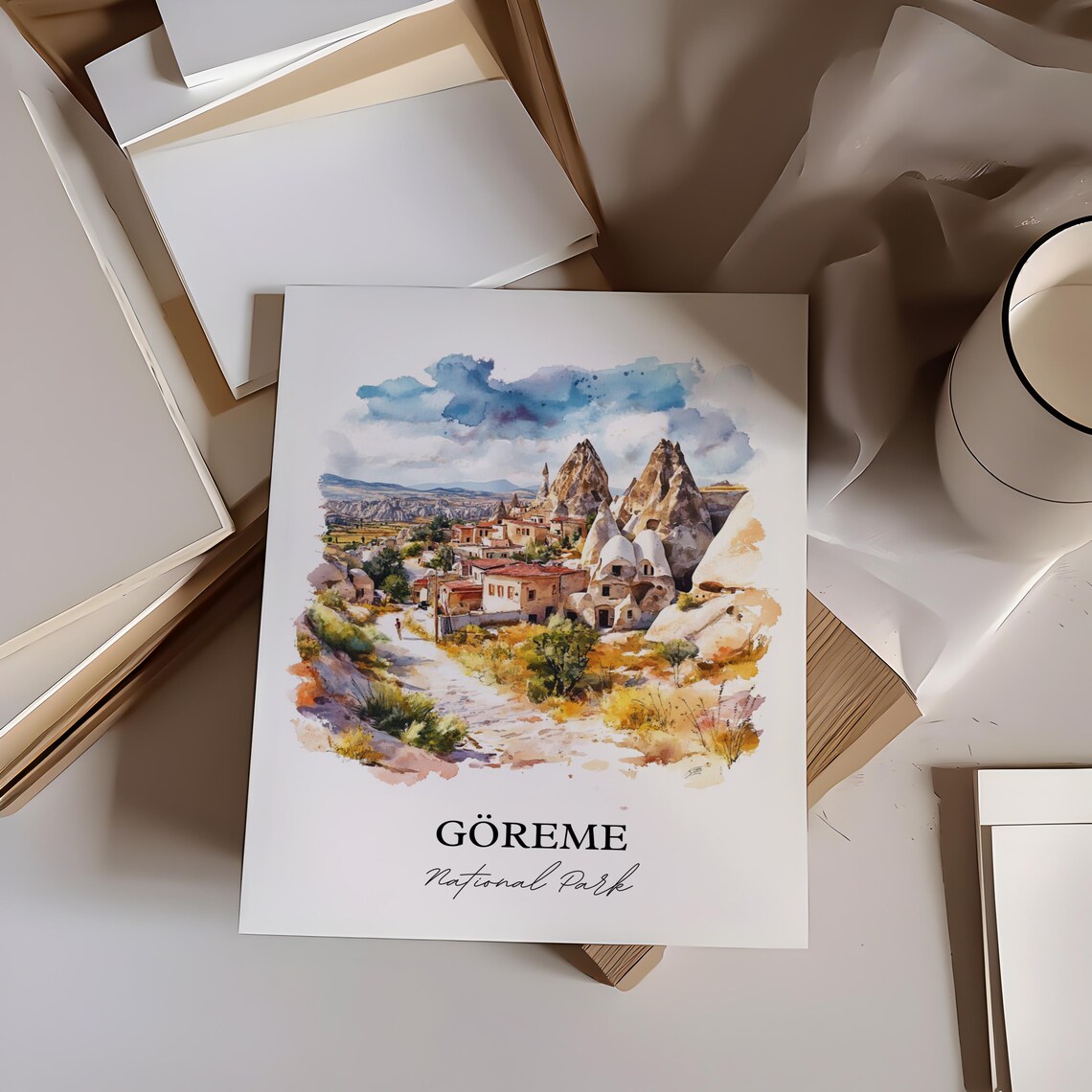 Goreme Cappadocia Turkey Fairy Chimneys Watercolor Travel Poster - Image 2