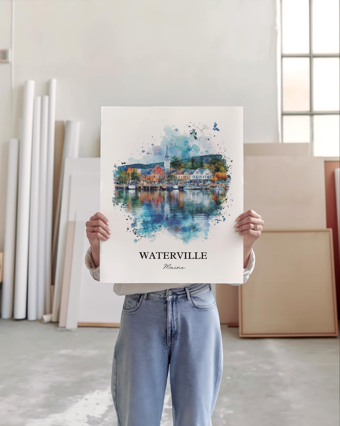 Waterville Maine Harbor Reflection Watercolor Travel Gift Poster - Image 5