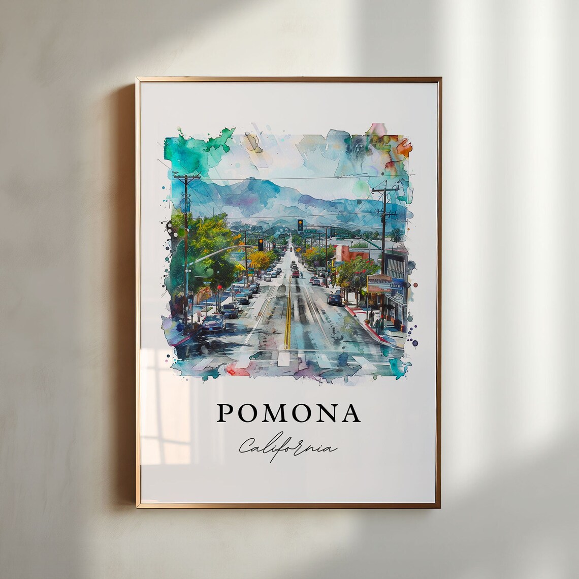 Pomona California Watercolor Downtown Street Mountain View Poster