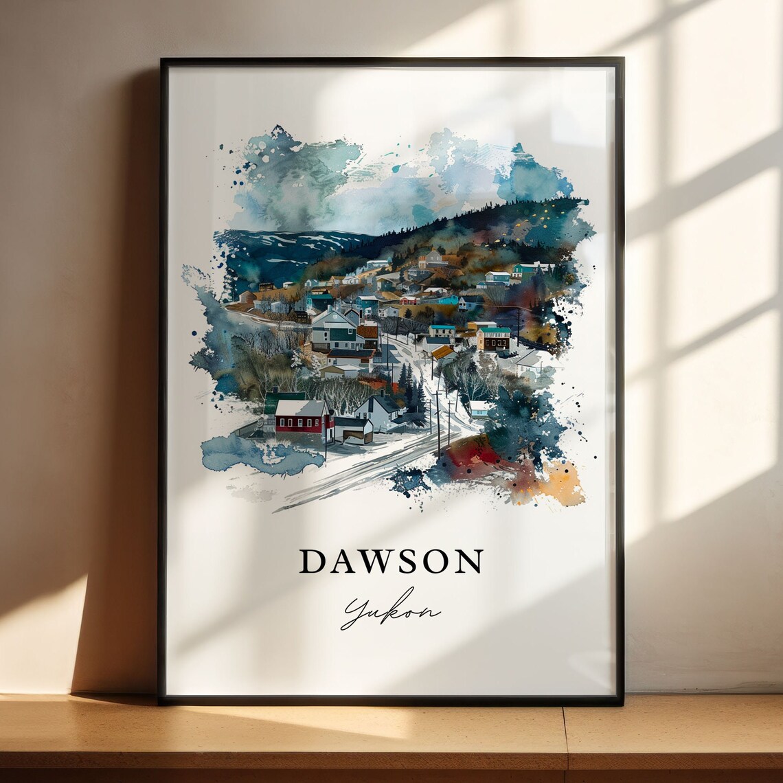 Dawson Yukon Watercolor Snowy Town Hills Winter Scene Poster - Image 4
