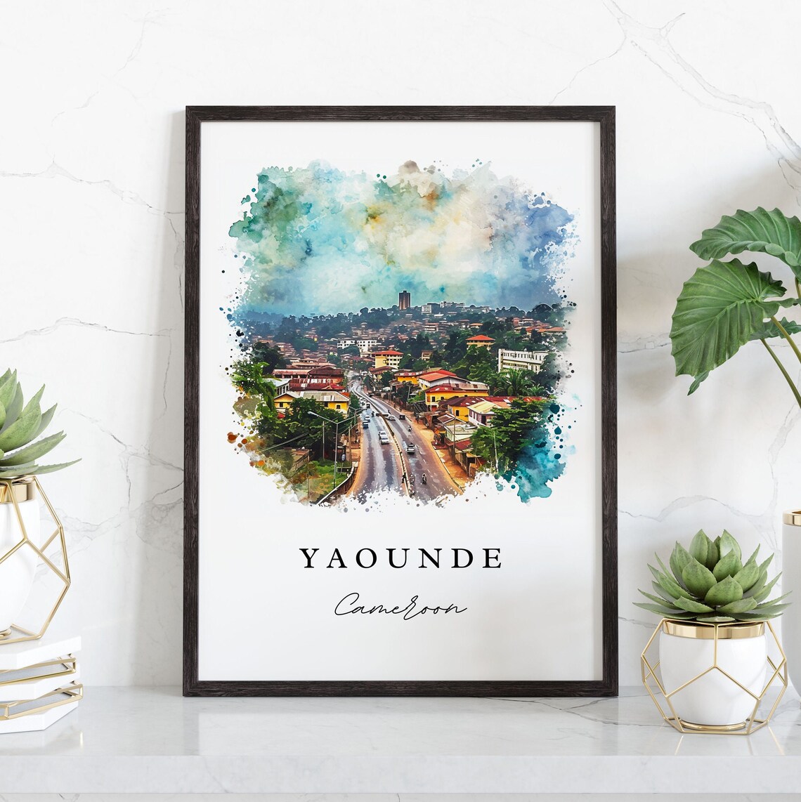 Yaounde Cameroon City Avenue Aerial Watercolor Travel Art Poster - Image 4
