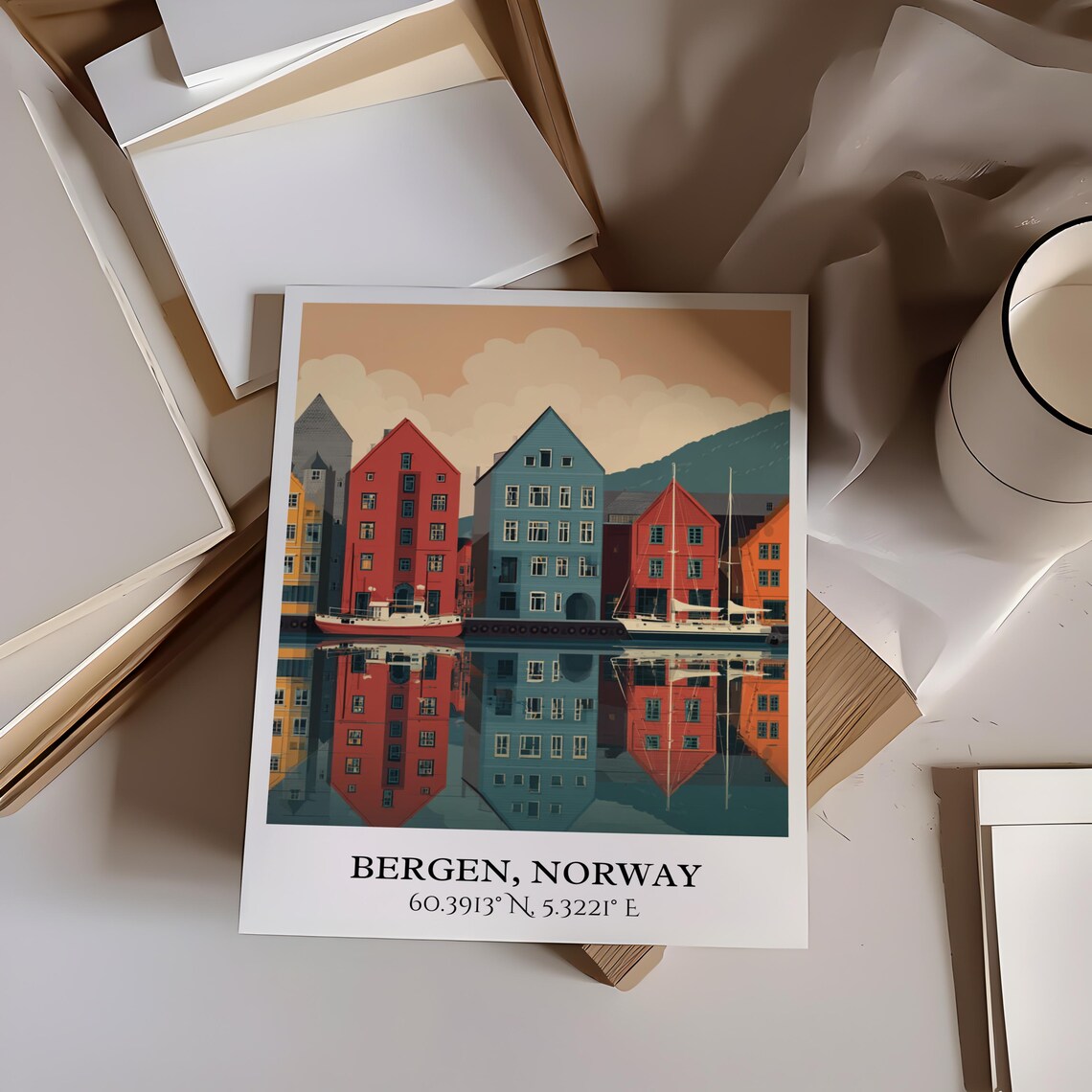 Bergen Norway Bryggen Wharf Colorful Houses Harbor Travel Poster - Image 3