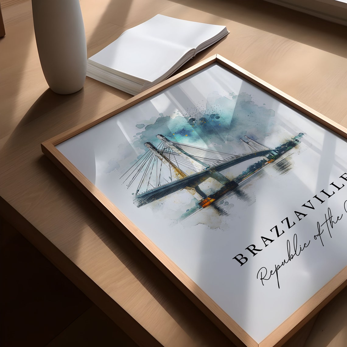Brazzaville Republic Of The Congo Bridge Watercolor Travel Poster - Image 4