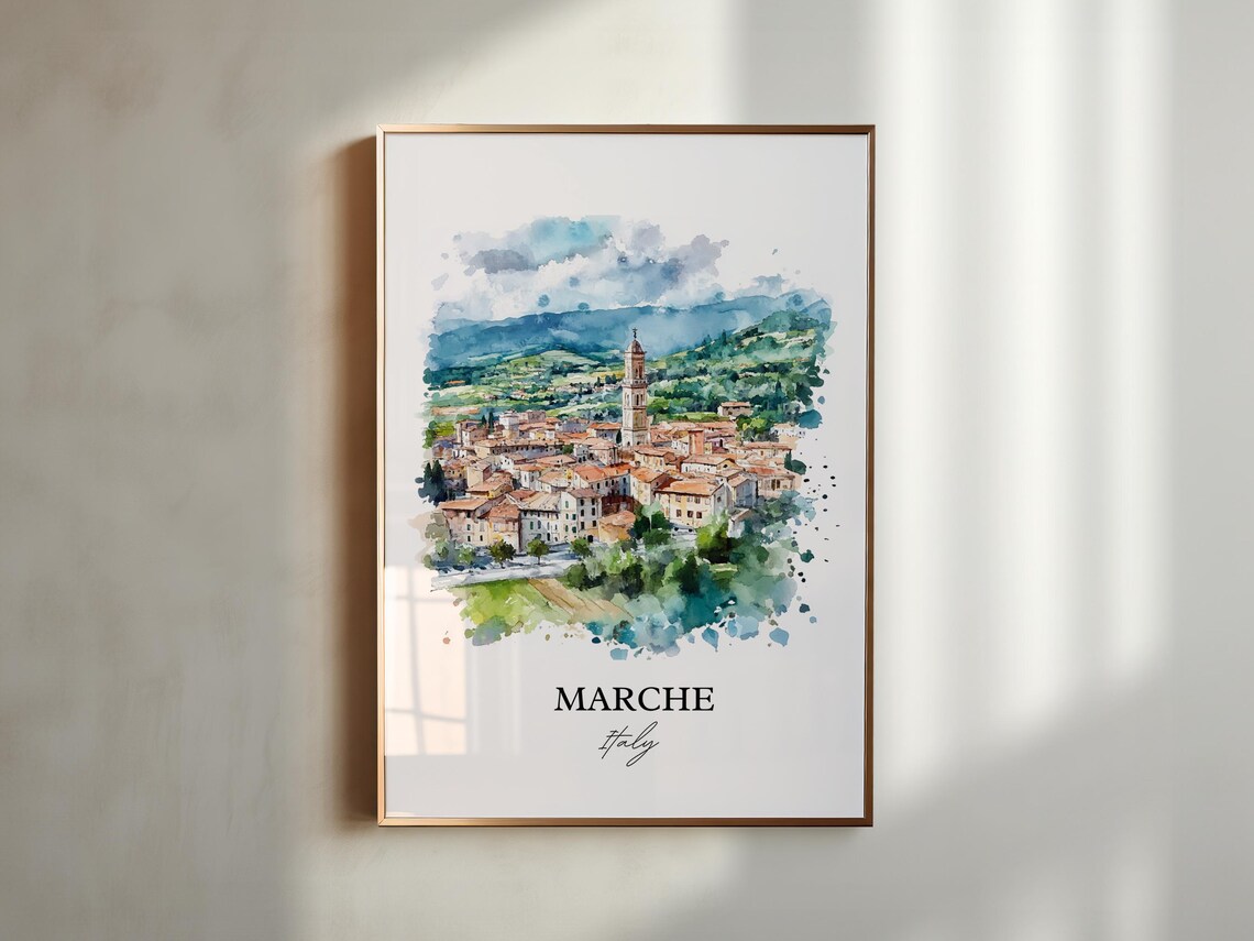 Marche Italy Hill Town Countryside Watercolor Scenic Travel Poster - Image 4