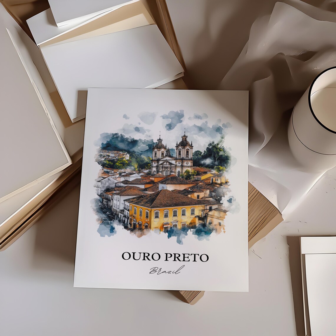 Ouro Preto Brazil Colonial Town Church Watercolor Travel Wall Art - Image 2