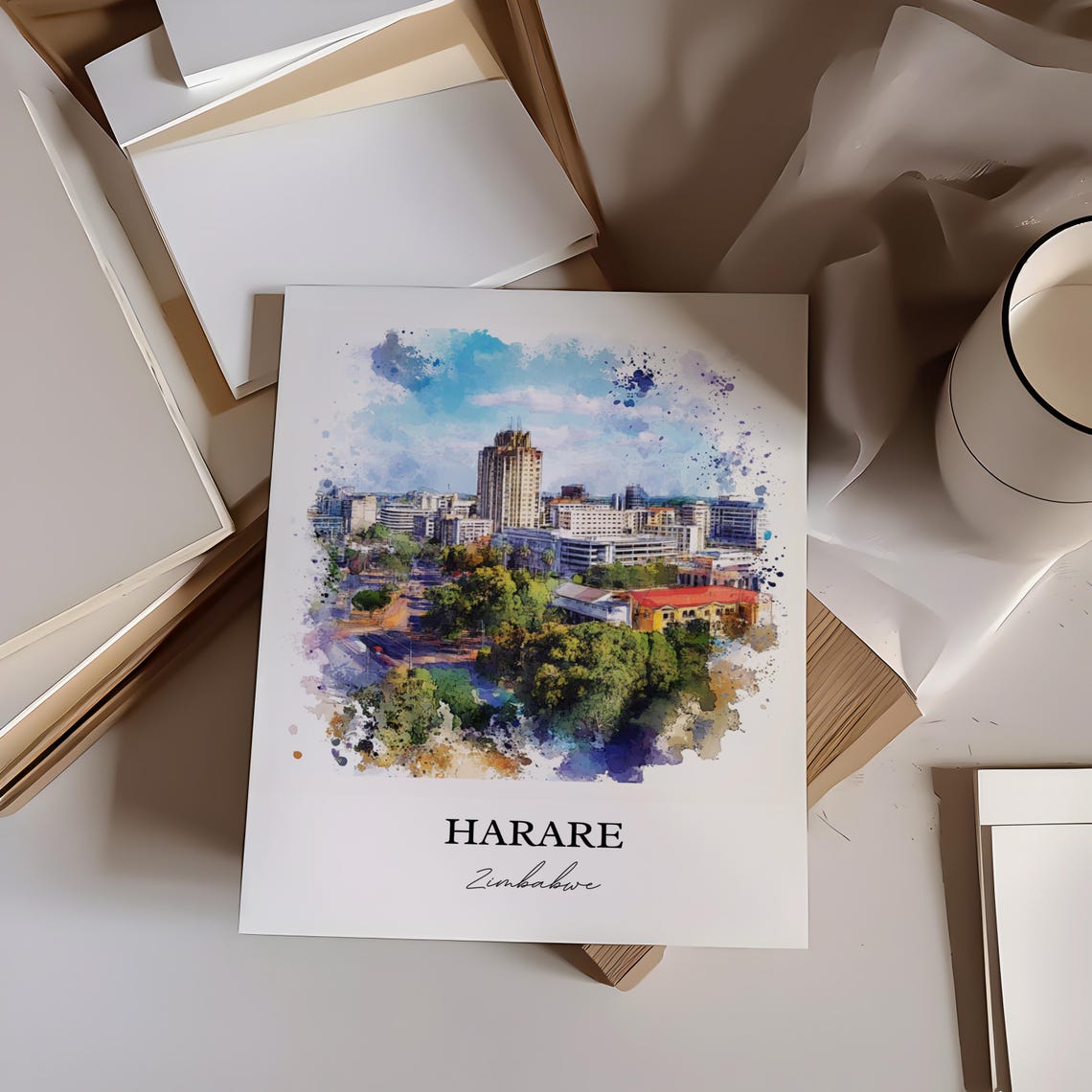 Harare Zimbabwe City Skyline Downtown View Watercolor Poster - Image 5