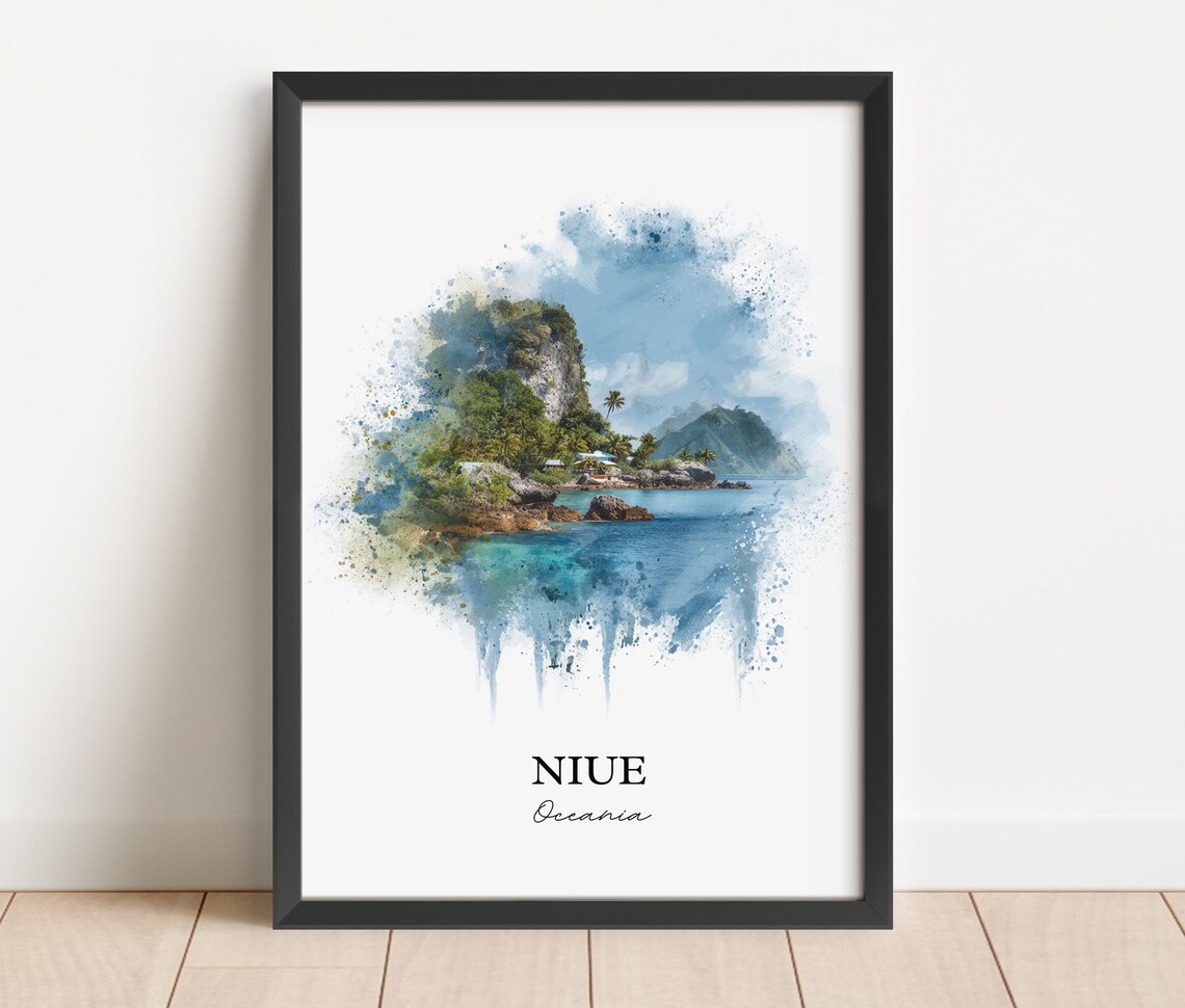 Niue Oceania Rocky Coast Cliffs Mountain Watercolor Travel Poster - Image 2