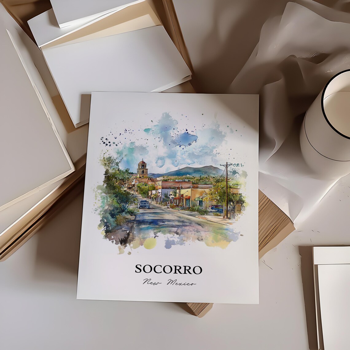 Socorro New Mexico Adobe Street Mountain Watercolor Travel Gift Poster - Image 3