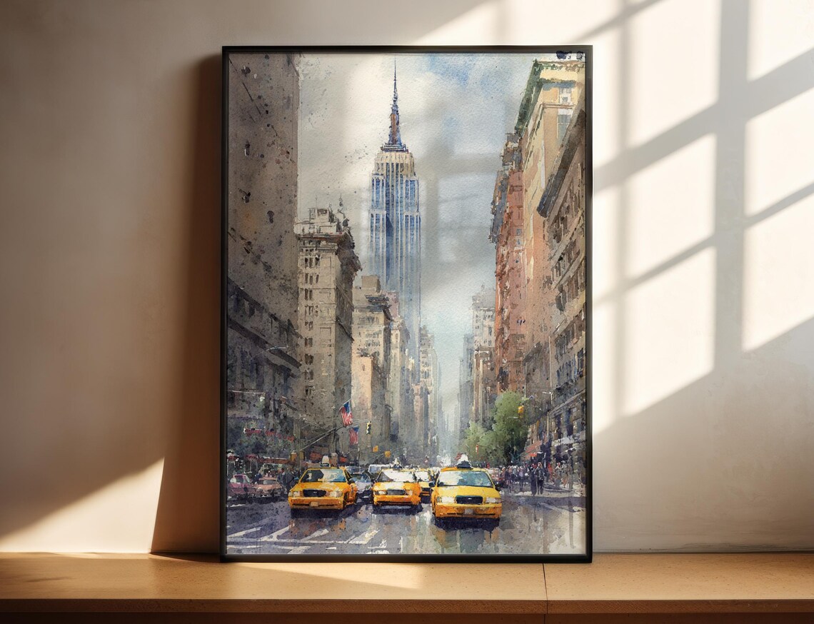 New York City Empire State Yellow Cabs Watercolor Travel Poster