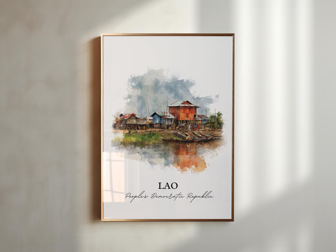 Lao Peoples Democratic Republic Watercolor River Village Travel Poster - Image 5