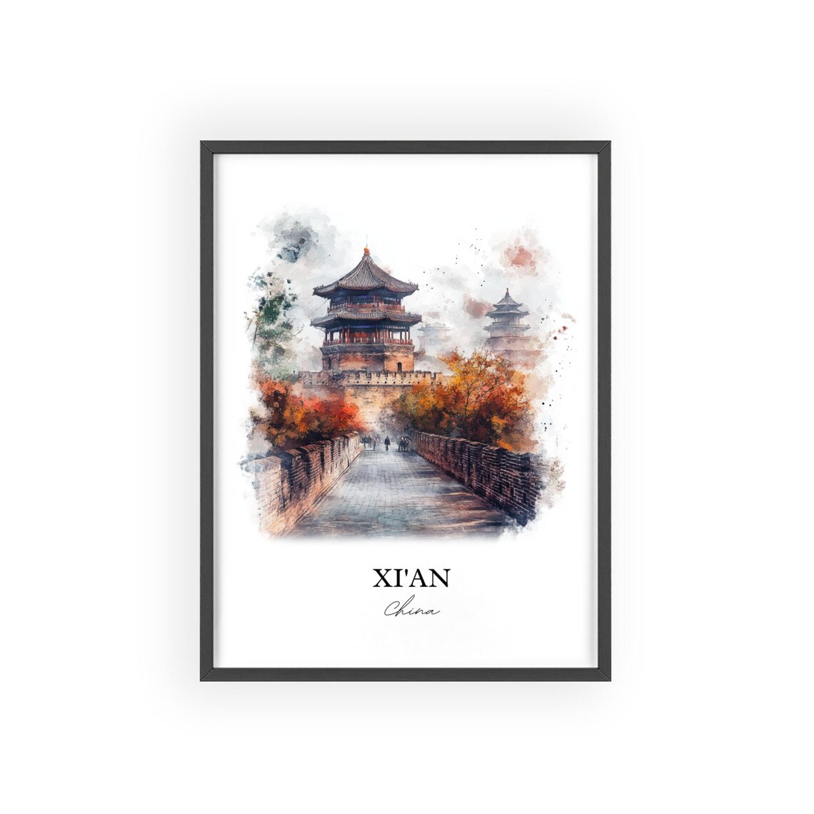 Xian China Watercolor Historic City Wall Tower Autumn Poster - Image 2