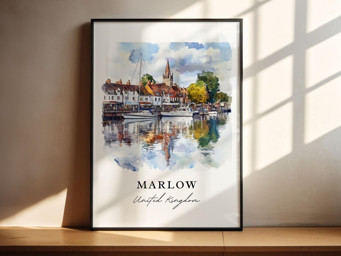 Marlow United Kingdom Watercolor Harbour Sailboats Town Poster - Image 4