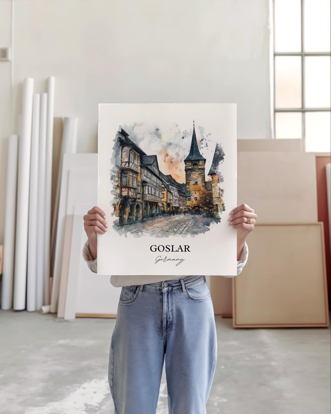 Goslar Germany Medieval Timber Houses Watercolor Travel Poster - Image 2