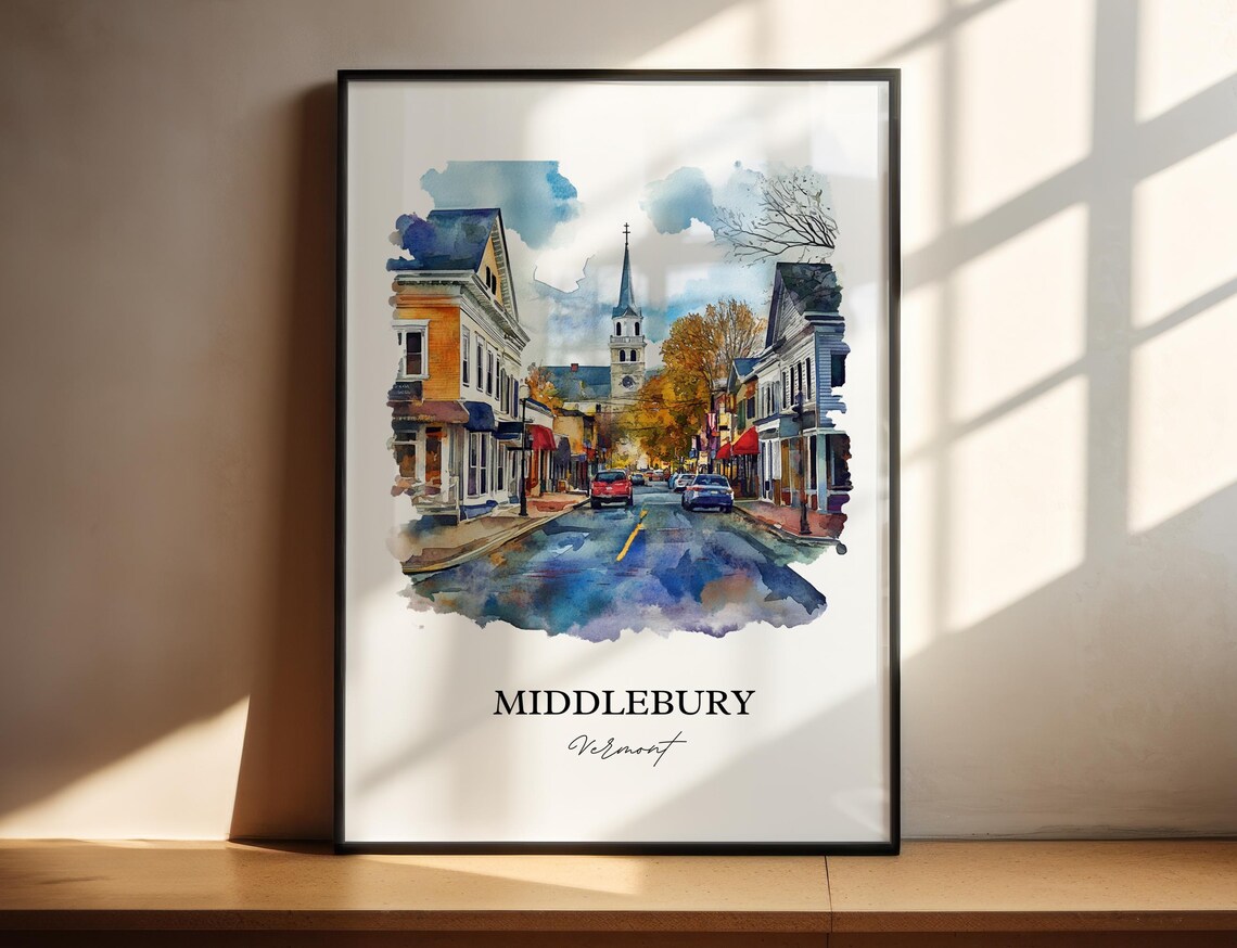 Middlebury Vermont College Town Autumn Main Street Watercolor Poster