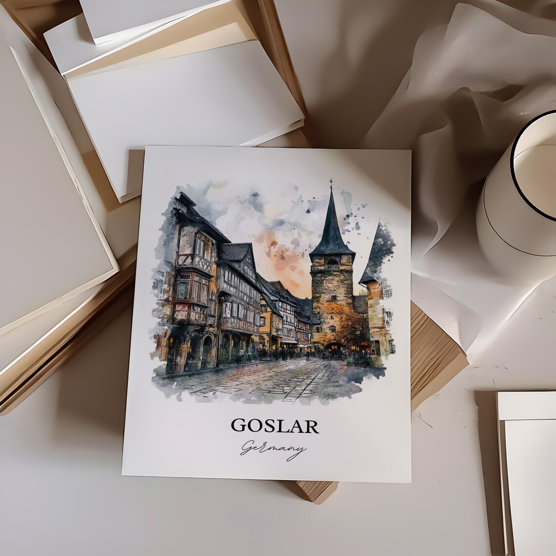 Goslar Germany Medieval Timber Houses Watercolor Travel Poster - Image 5