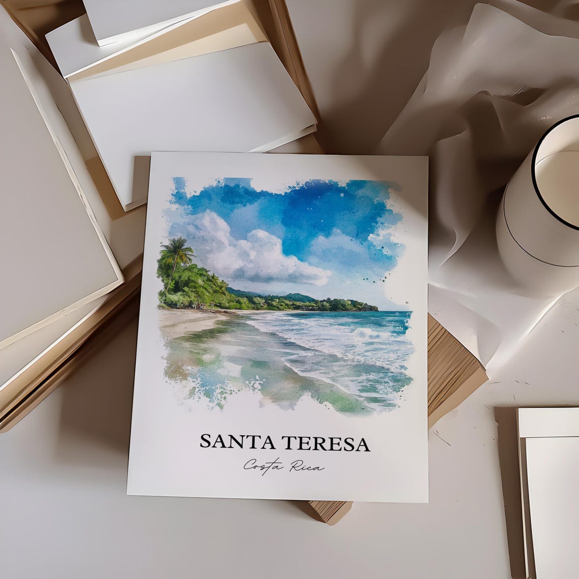 Santa Teresa Costa Rica Blue Surf Beach Town Watercolor Poster - Image 4