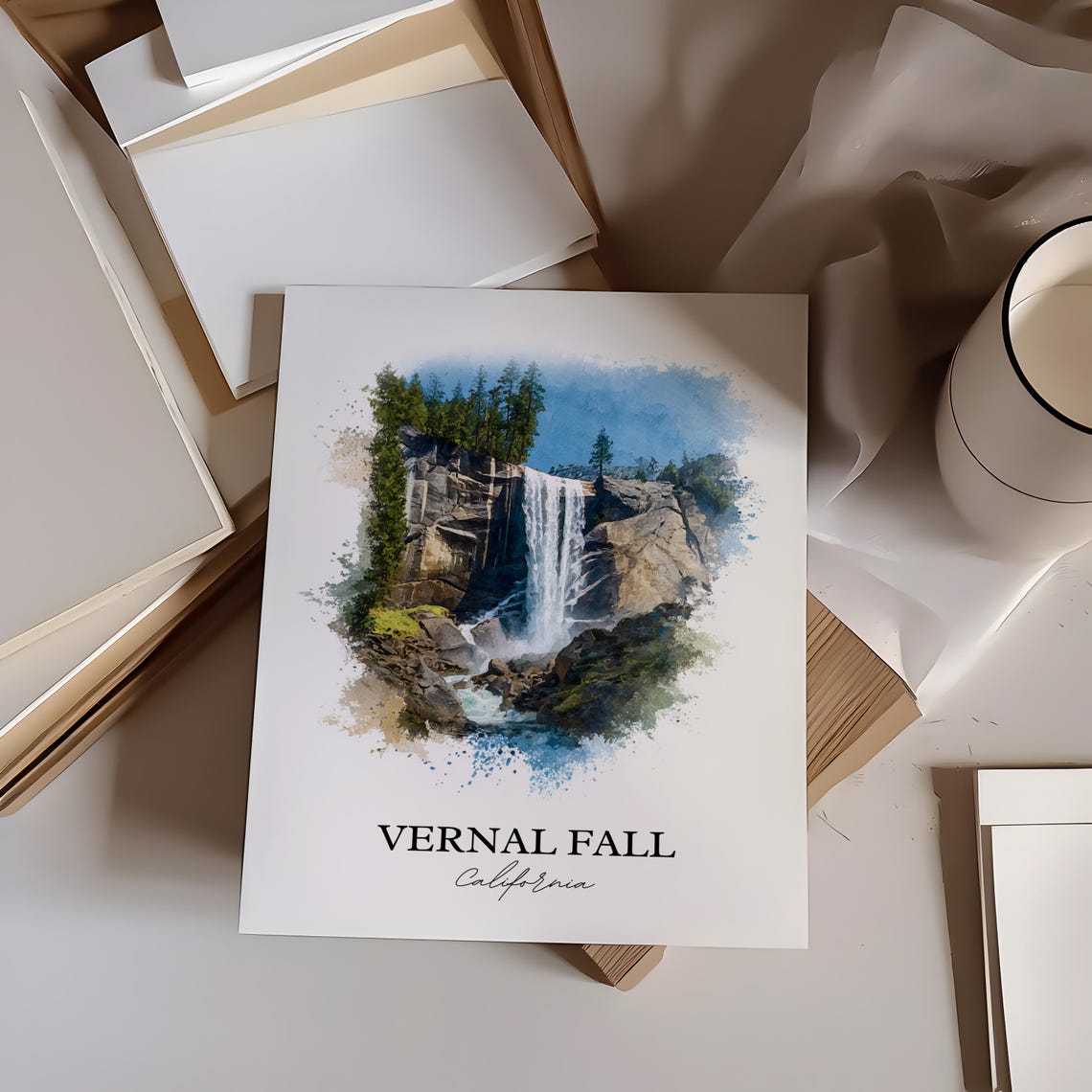 Vernal Fall California Granite Cliff Waterfall Watercolor Poster - Image 2