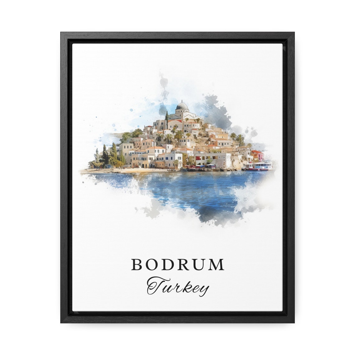 Bodrum Turkey White Hillside Town Harbor Watercolor Travel Poster - Image 2