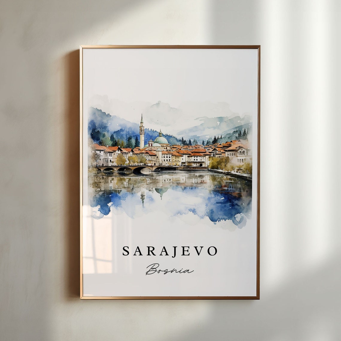 Sarajevo Bosnia Watercolor River Bridge Minaret Old Town View Poster
