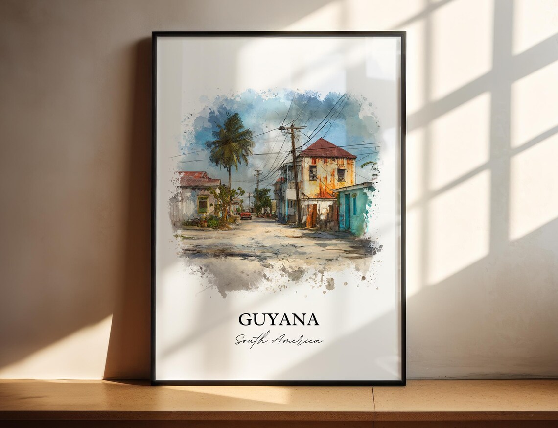 Guyana South America Old Street Wooden Houses Watercolor Art Poster