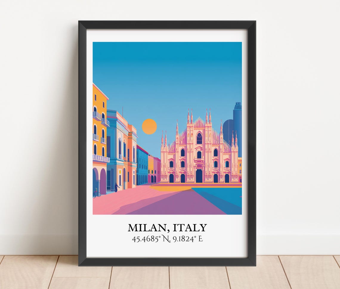 Milan Italy Cathedral Sunset Plaza Retro Travel Coordinates Art Poster - Image 3