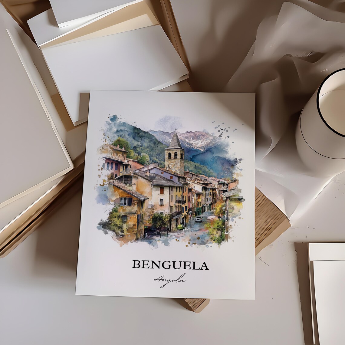 Benguela Angola Watercolor Alpine Village Street Travel Poster - Image 2