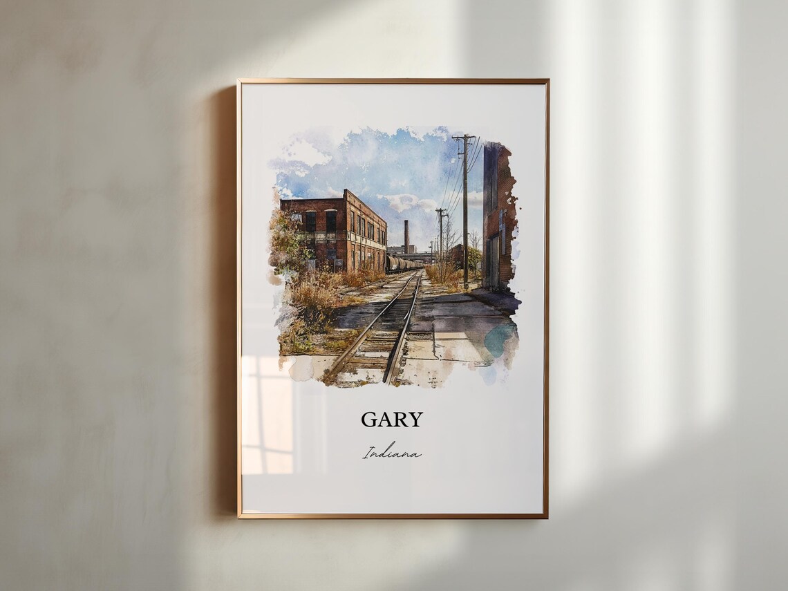 Gary Indiana Watercolor Railroad Tracks Industrial Scene Poster - Image 4