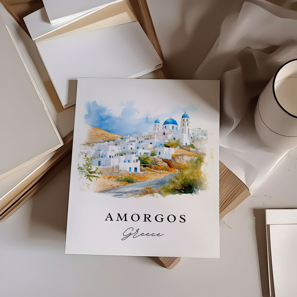 Amorgos Greece Blue Domed Island Church Watercolor Travel Poster - Image 6
