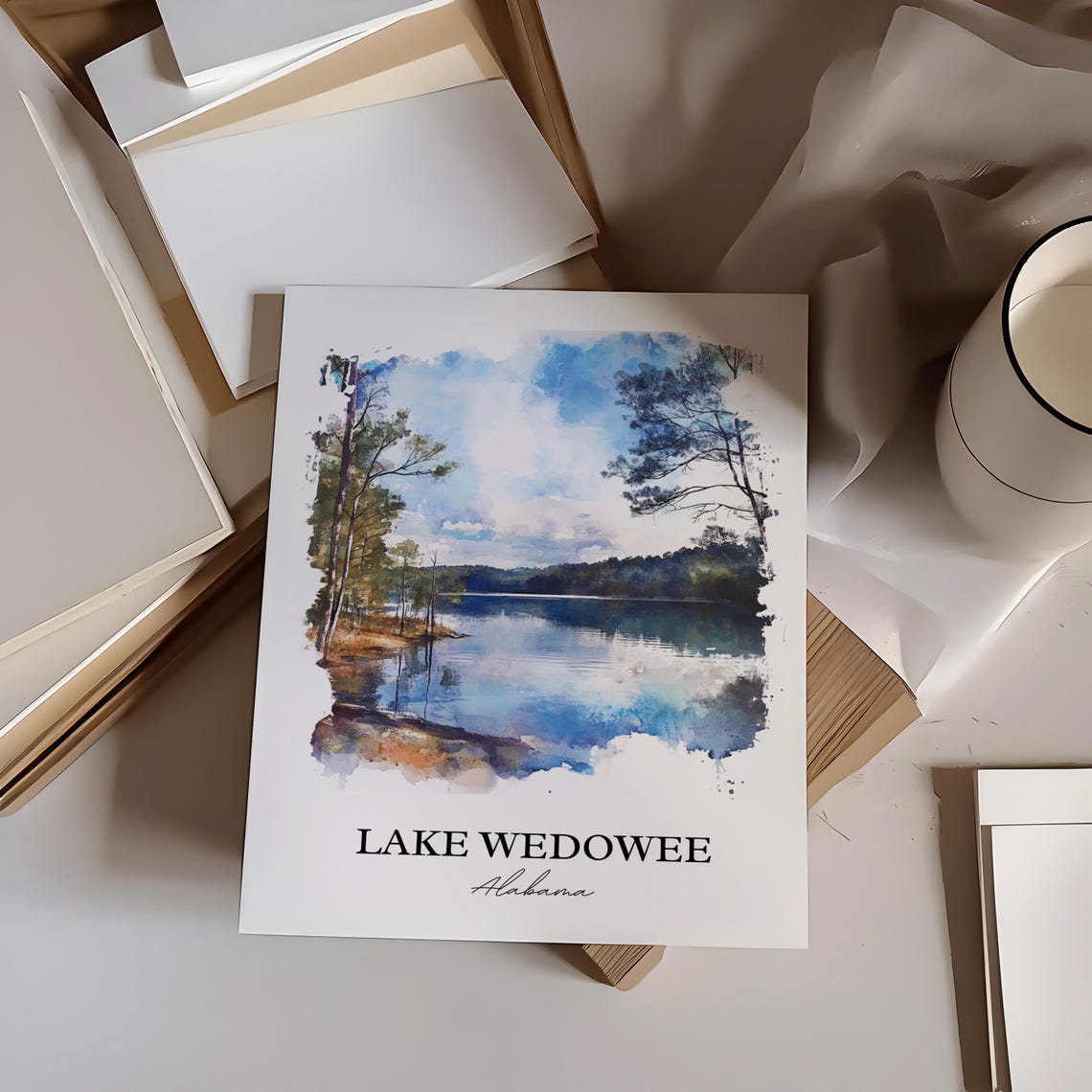 Lake Wedowee Alabama Still Water Pine Shore Sky Reflection Poster - Image 2
