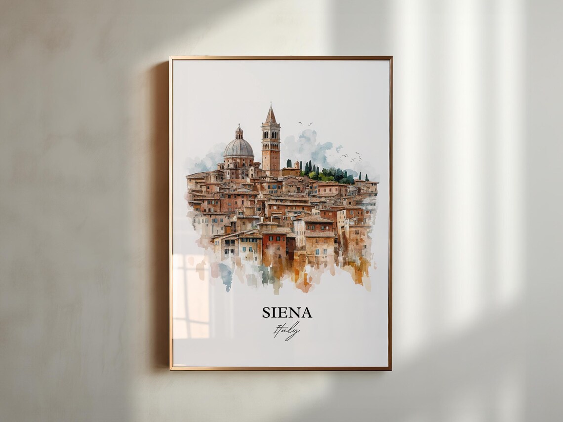 Siena Italy Watercolor Medieval Hill Town Duomo Tower Poster - Image 3