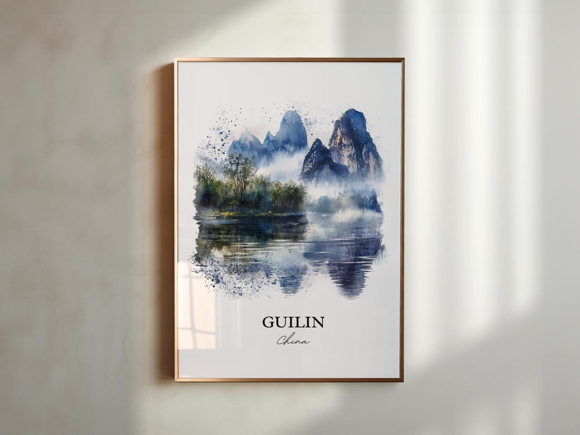 Guilin China Watercolor Karst Mountains Misty River Art Poster - Image 4