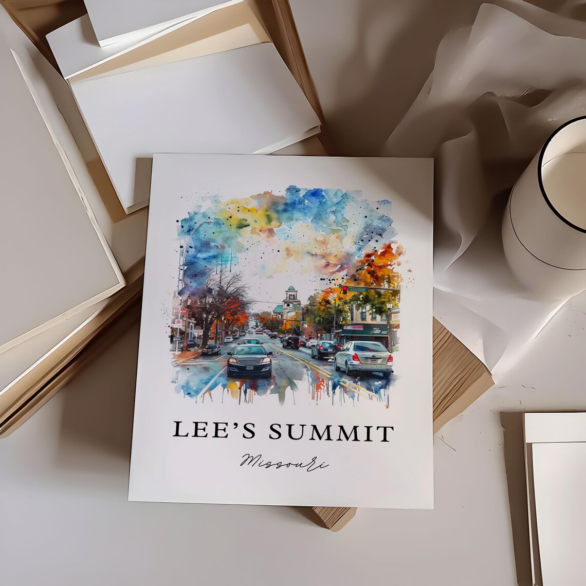 Lees Summit Missouri Watercolor Downtown Street Scene Poster - Image 6