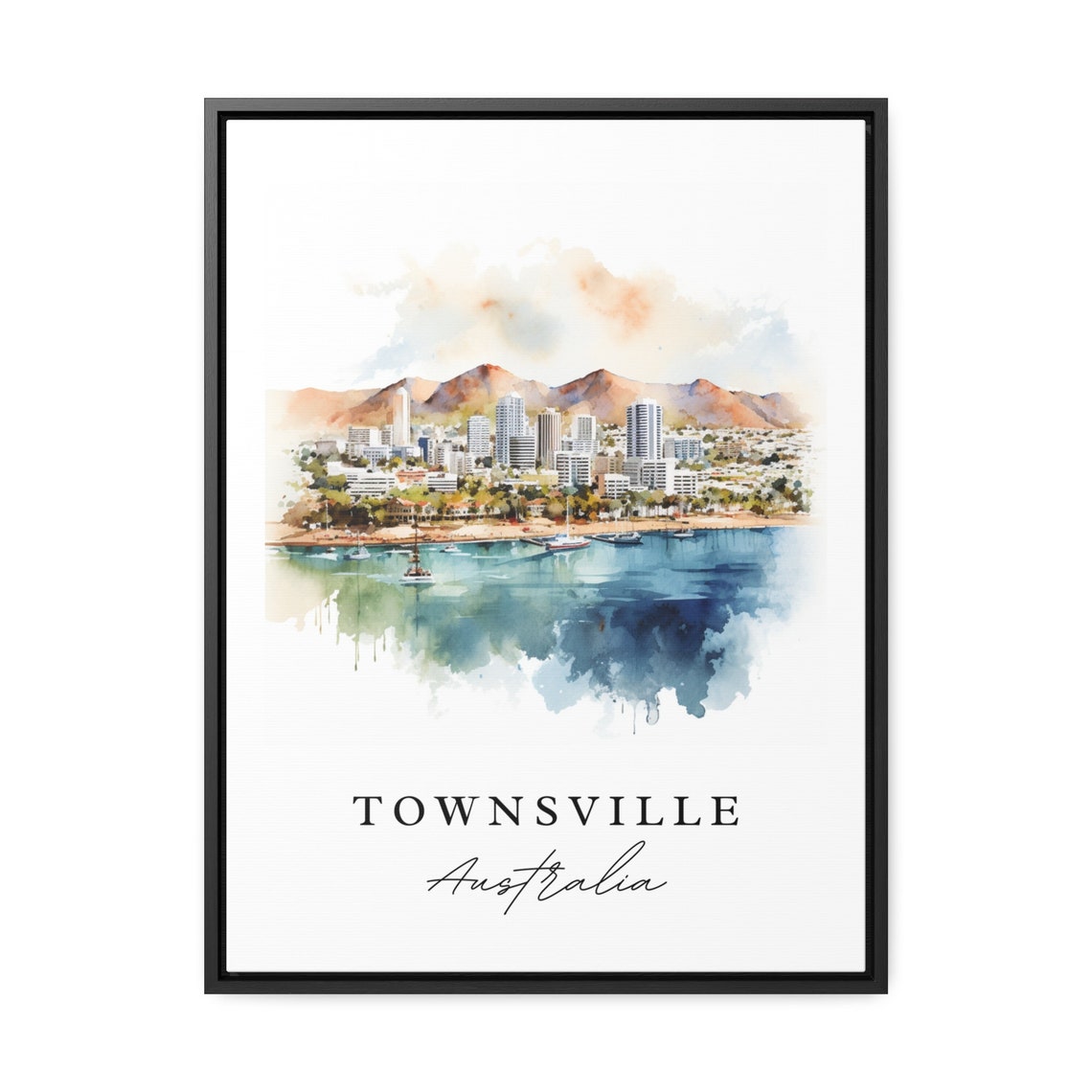 Townsville Australia City Skyline Harbor Mountains Watercolor Poster - Image 2