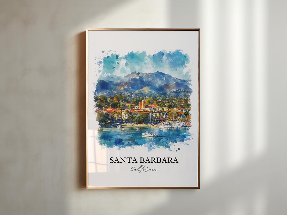 Santa Barbara California Watercolor Harbor Mountain Scene Poster - Image 5