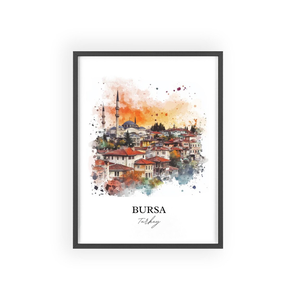 Bursa Turkey Watercolor Old Town Mosque Skyline Travel Poster - Image 2