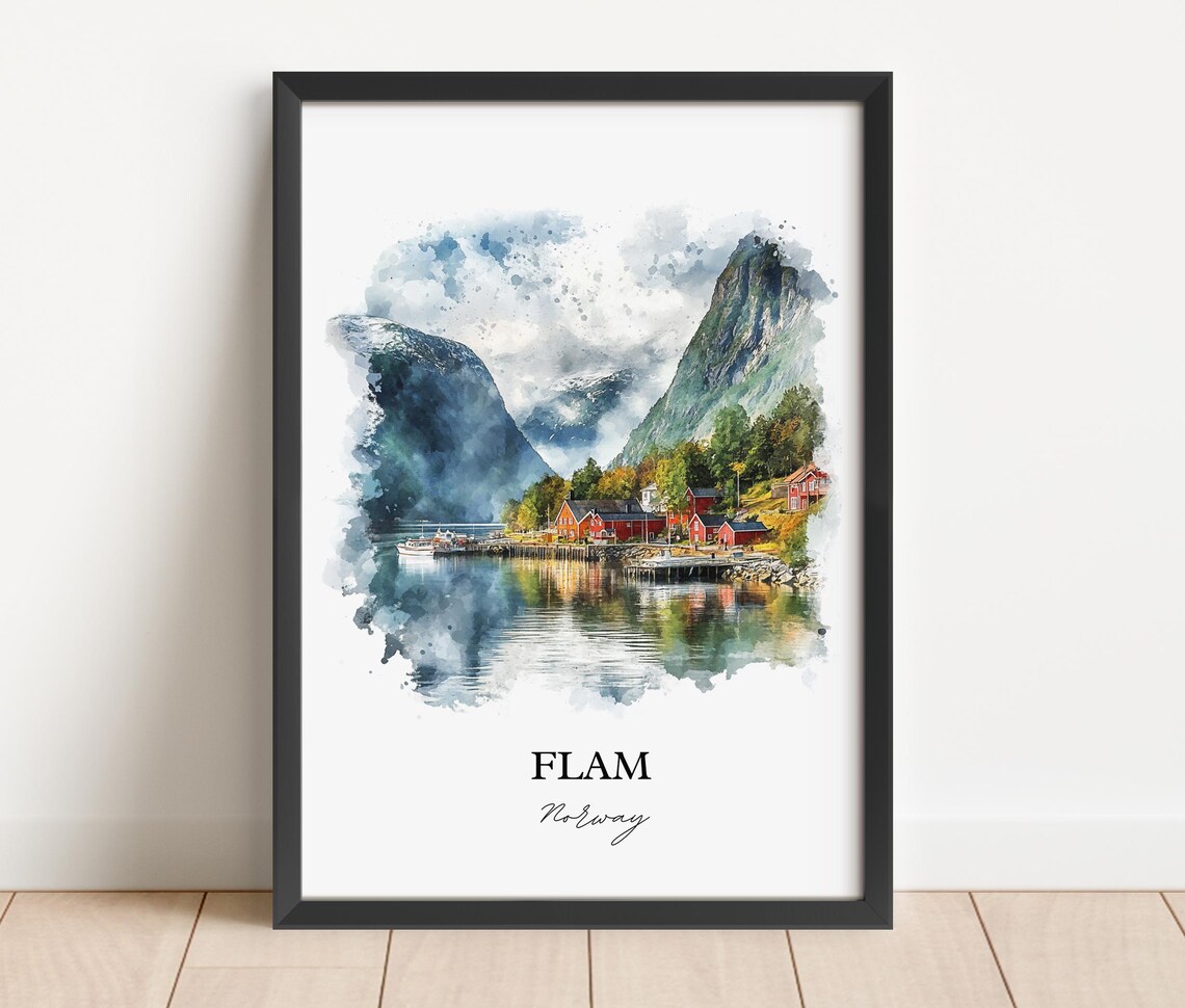 Flam Norway Watercolor Fjord Village Red Cabins Travel Poster - Image 3