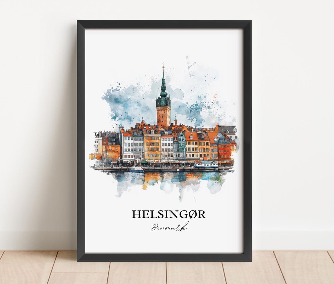 Helsingor Denmark Waterfront Old Town Spire Watercolor Poster - Image 3