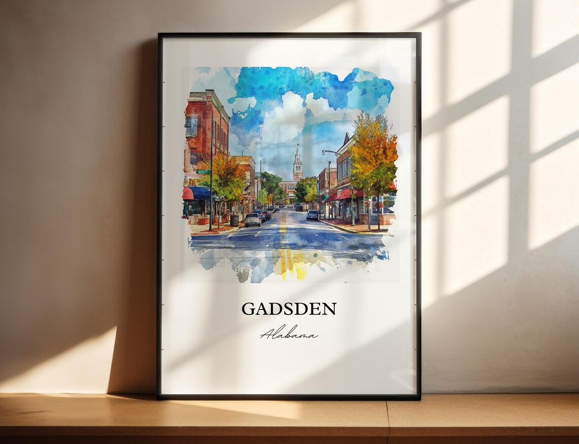Gadsden Alabama Historic Main Street Autumn Watercolor Travel Poster