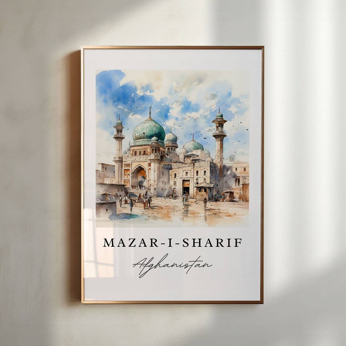 Mazar I Sharif Afghanistan Watercolor Blue Mosque Domes Minarets Poster