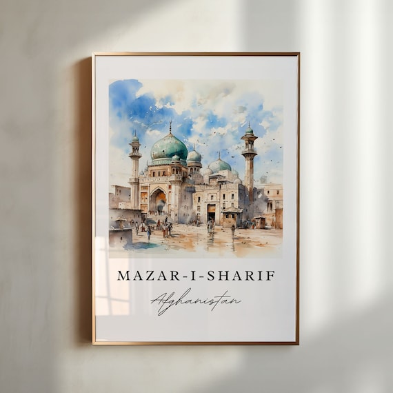 Mazar I Sharif Afghanistan Watercolor Blue Mosque Domes Minarets Poster