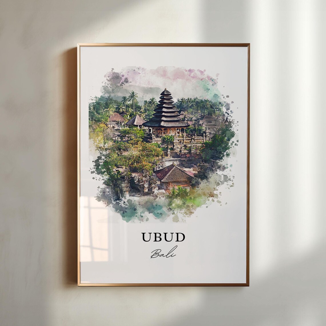 Ubud Bali Temple Tiered Tower Tropical Jungle Watercolor Travel Poster
