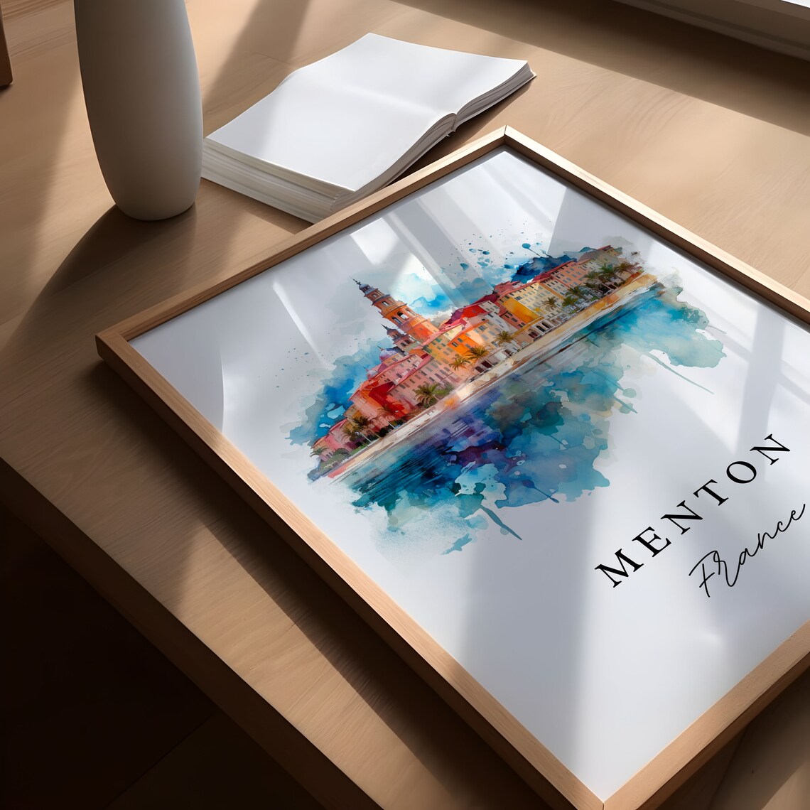 Menton France Watercolor Riviera Old Town Harbor Reflection Poster - Image 5