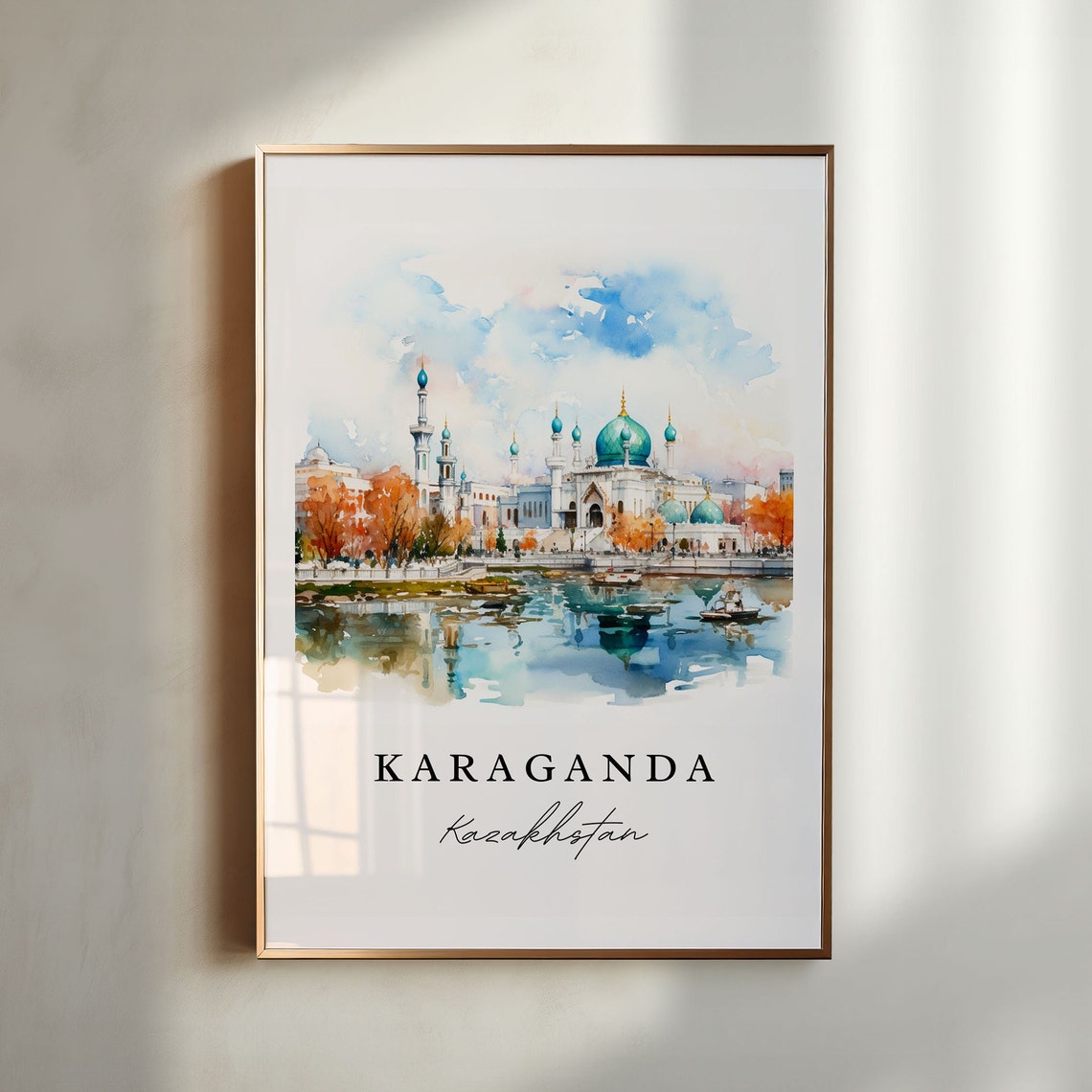 Karaganda Kazakhstan Watercolor Mosque Lakeside Reflection Poster