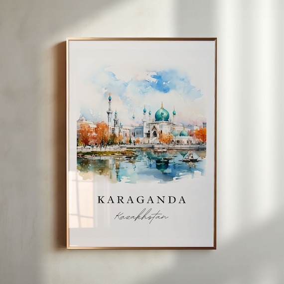 Karaganda Kazakhstan Watercolor Mosque Lakeside Reflection Poster