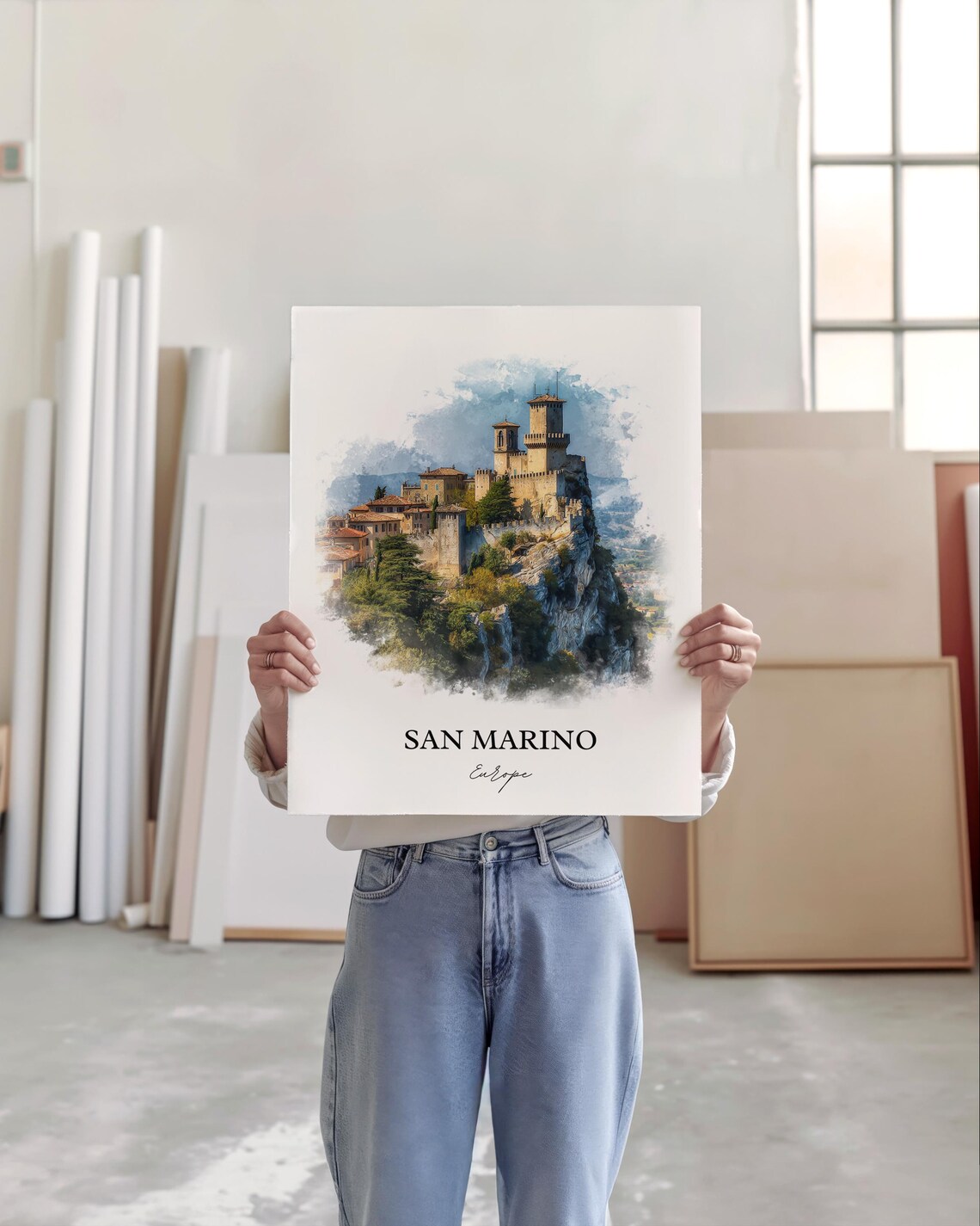 San Marino Europe Cliff Fortress Tower Watercolor Travel Poster - Image 5