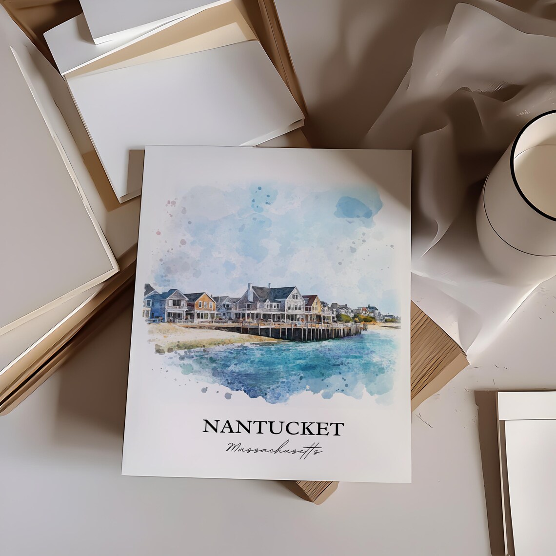 Nantucket Massachusetts Watercolor Waterfront Houses Scene Poster - Image 4
