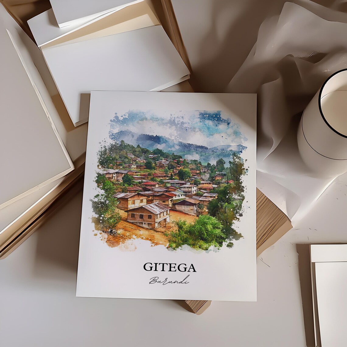 Gitega Burundi African Watercolor Hillside Village Art Poster - Image 4