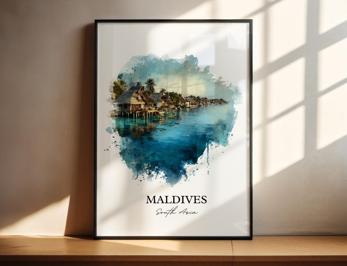 Maldives South Asia Overwater Bungalows Lagoon Watercolor Poster