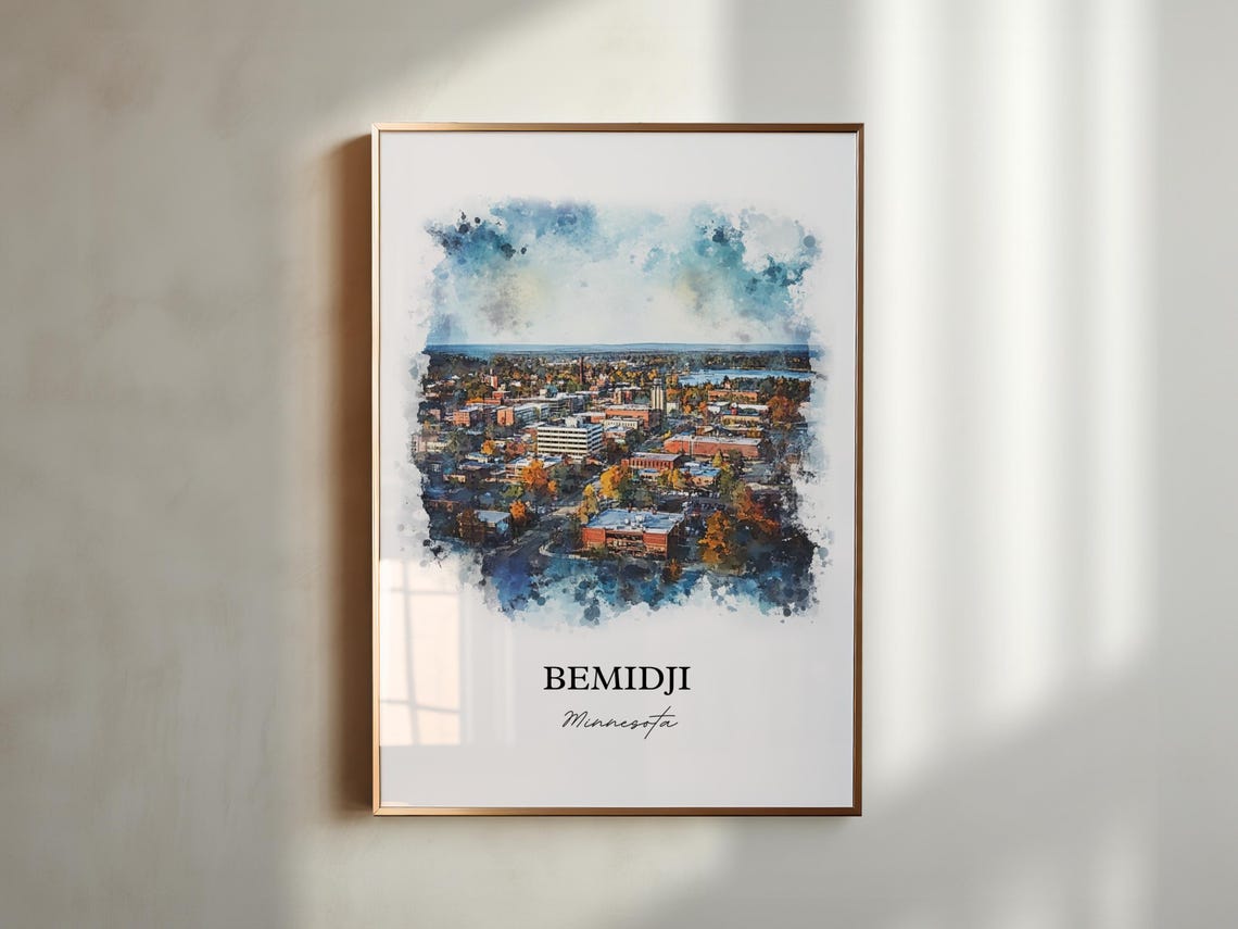 Bemidji Minnesota Aerial Downtown Autumn Trees Watercolor Poster - Image 4