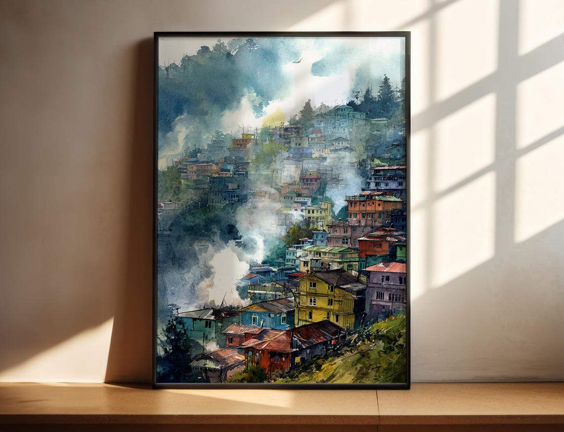 Misty Hillside Town Watercolor Colorful Houses Mountain Mist Print
